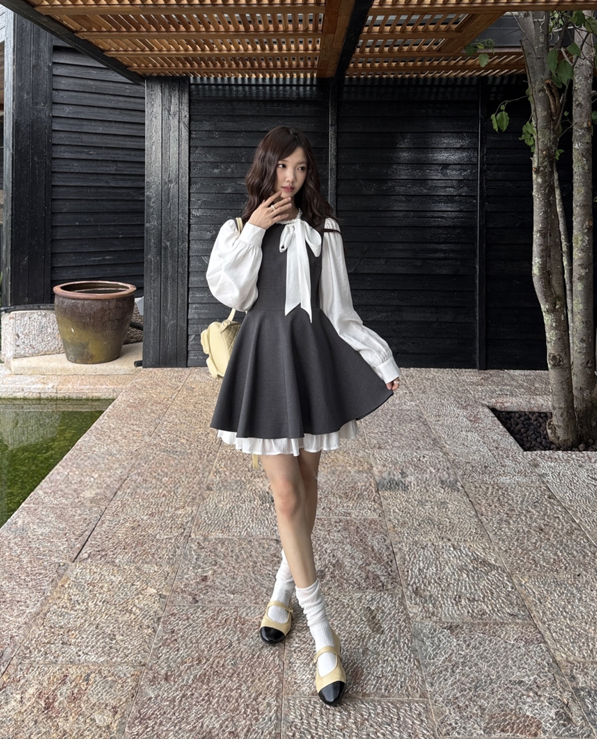 【dress】リボン付きフェイクレイヤードワンピース Q8928