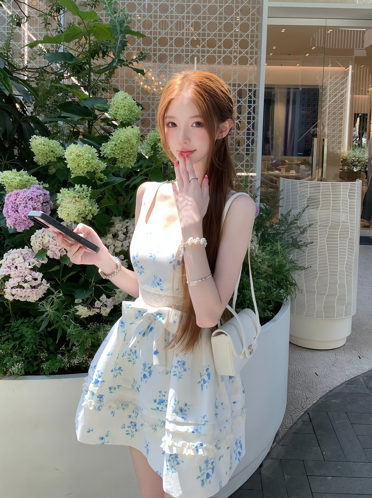 【dress】フラワー柄レースドッキングワンピース Q8757