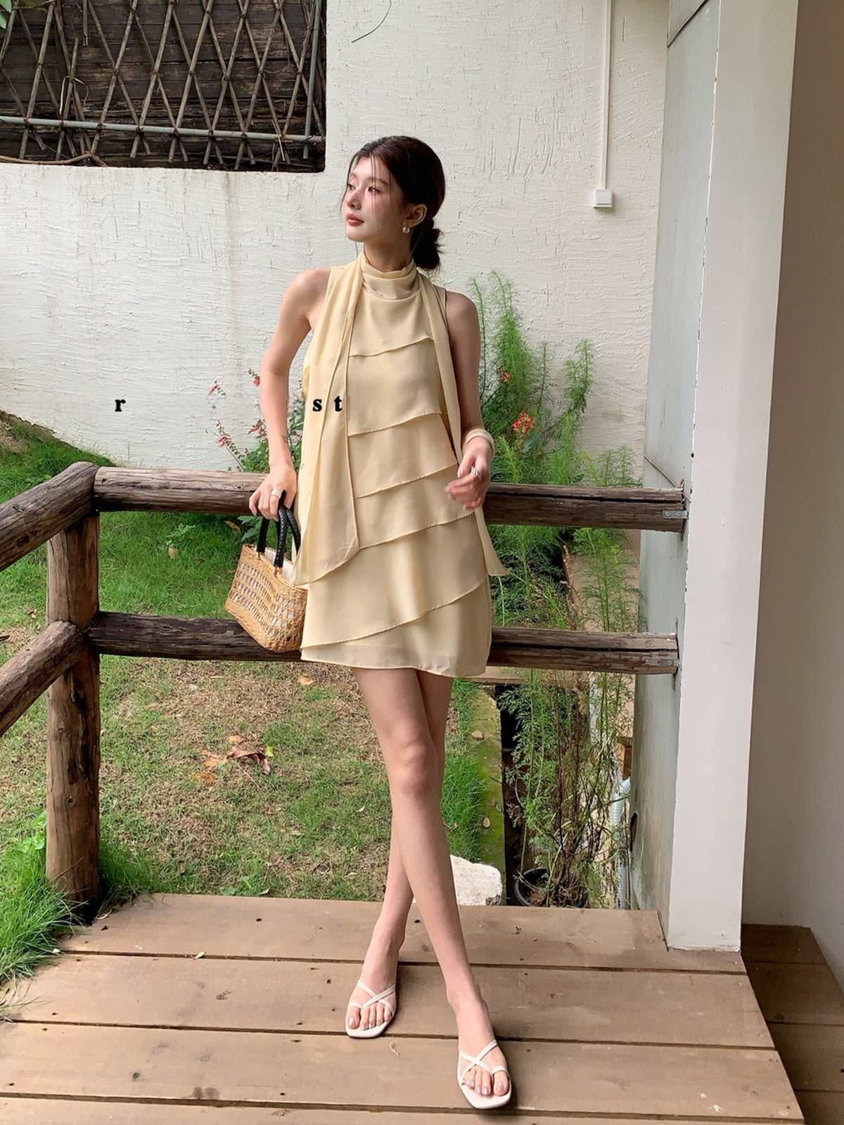 【dress】 スカーフネックシフォンティアードワンピース Q8882