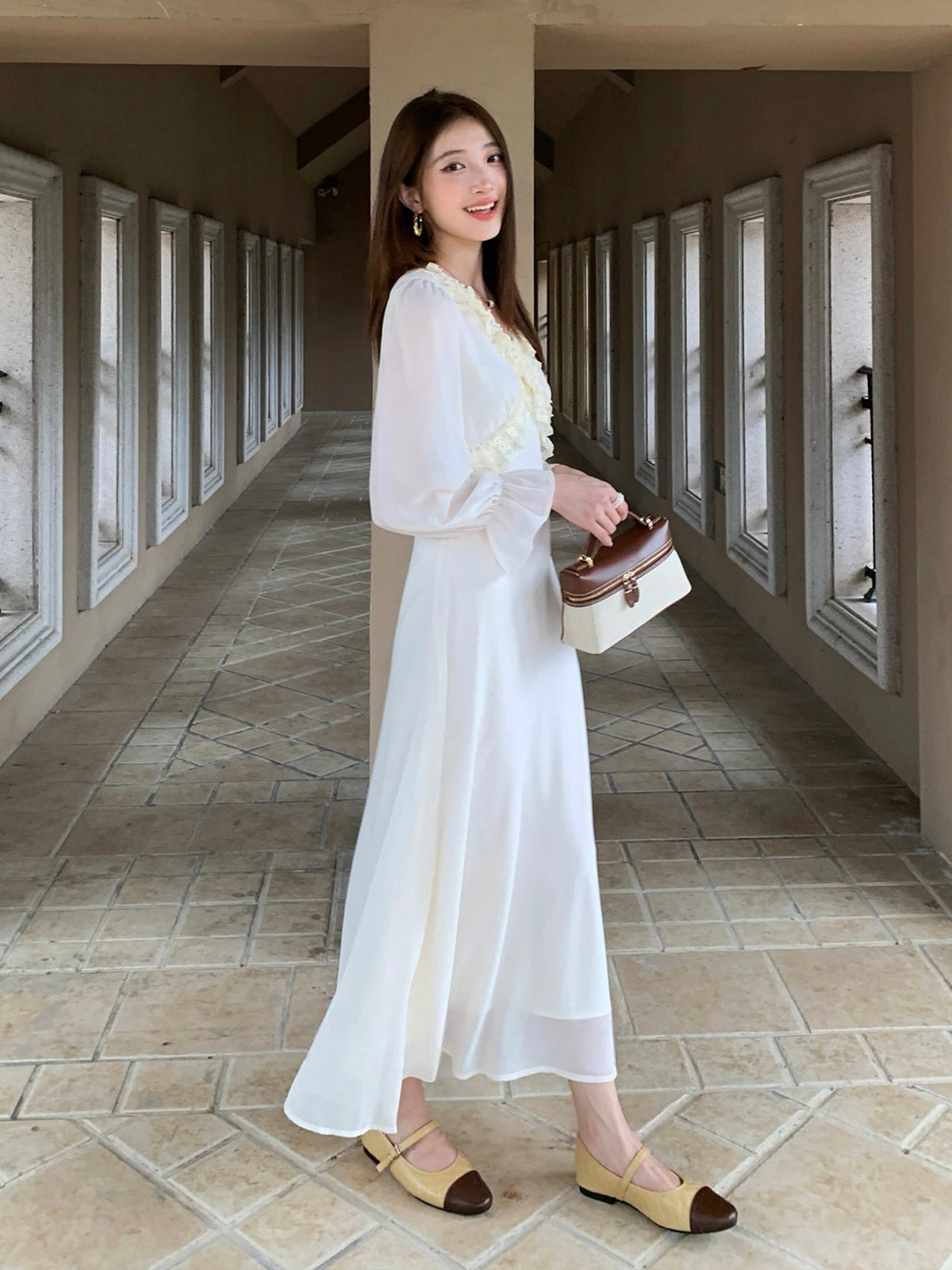 【dress】ギャザーフリルロングワンピース Q8933
