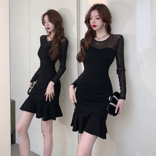 【dress】メッシュ切り替えマーメイドワンピース G20694