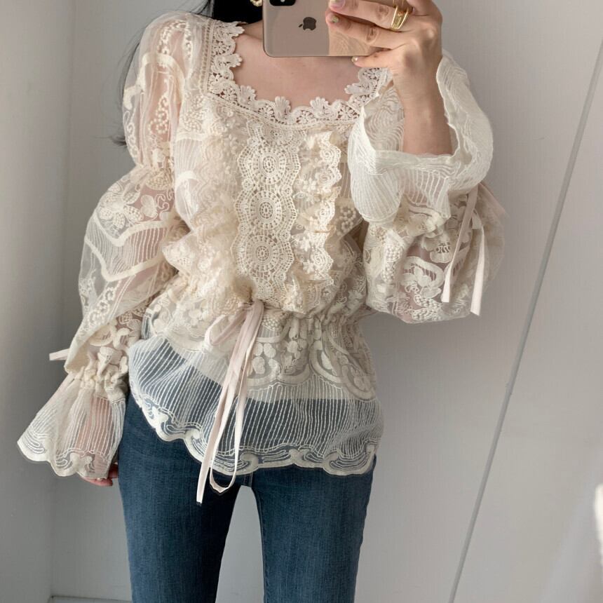 【tops】女性力を高める〜スクエアネックパフスリーブファッションレースブラウス