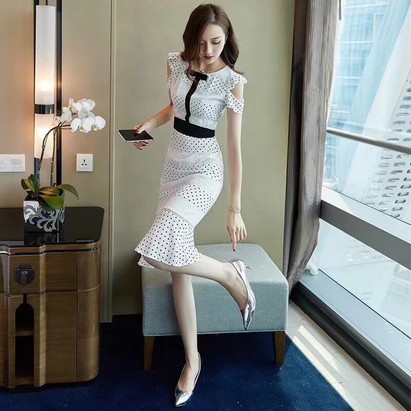 【dress】清新合わせやすいラウンドネック半袖肩開きウェスト絞りドット柄メッシュ切り替えマーメイドワンピースF2629