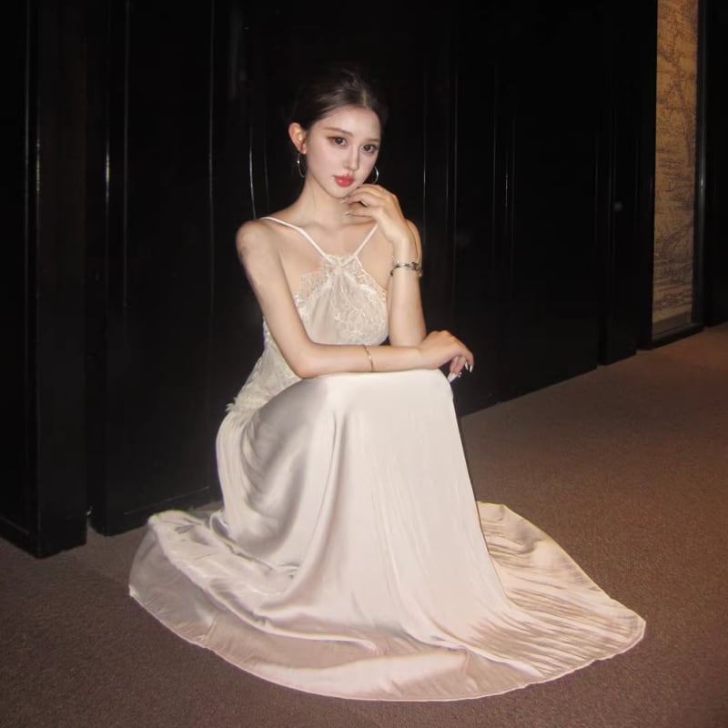 【dress】レースドッキングロングキャミワンピース Q8476