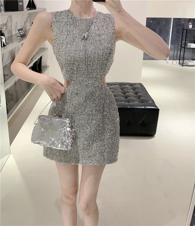 【dress】お値段以上！夏新作2色ラウンドネックノースリーブ二次会披露宴ワンピースF5558