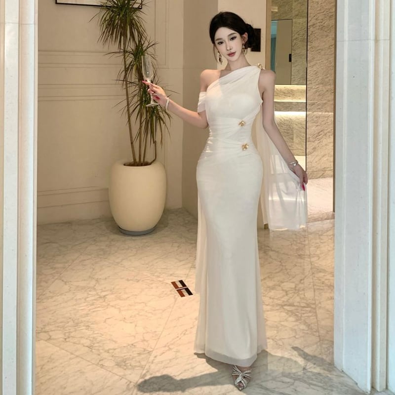 【dress】ワンショルダーギャザーデザインロングワンピース Q7977