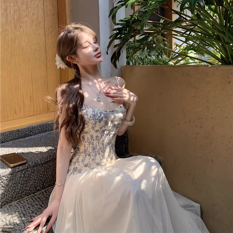 【dress】チュールドッキング花柄キャミワンピース Q8398
