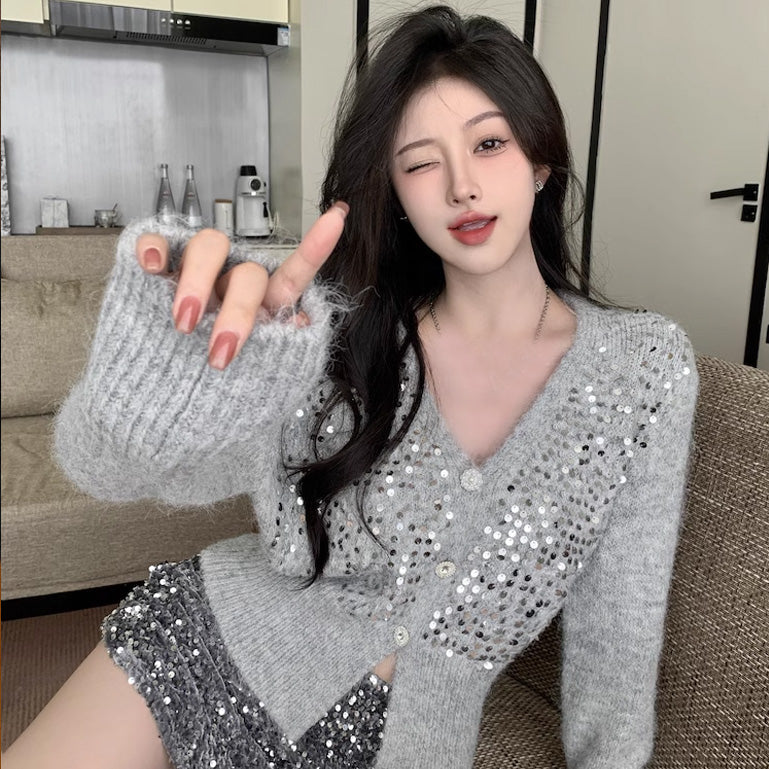 【outer】Vネック長袖ニットカーディガンF8308