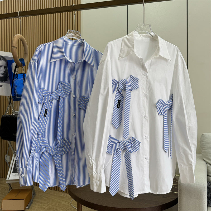 【tops】リボン付き長袖ブラウスF8235