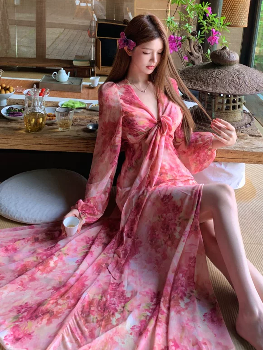 【dress】フラワー柄シフォンロングワンピース Q8619