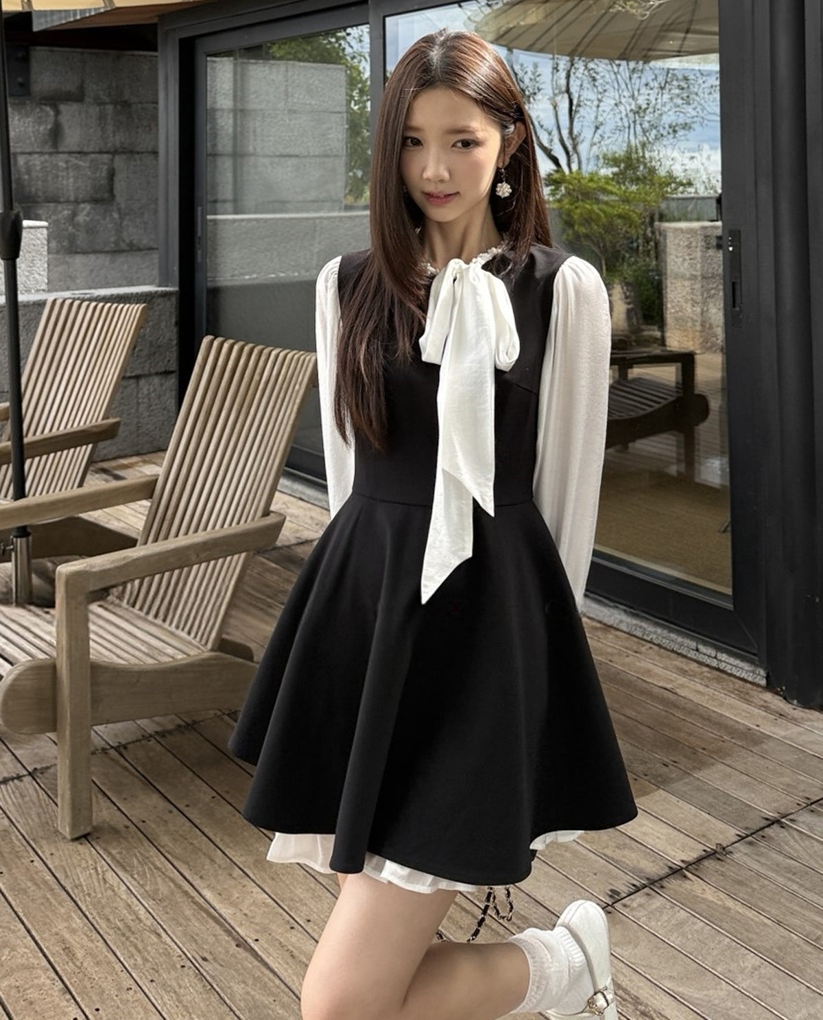 【dress】リボン付きフェイクレイヤードワンピース Q8928