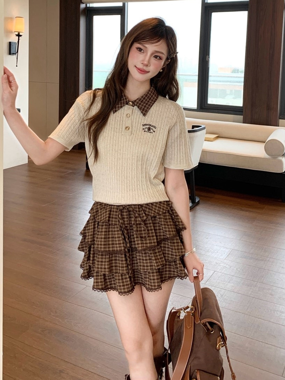 【tops】チェック柄ネックニットポロシャツ Q8947