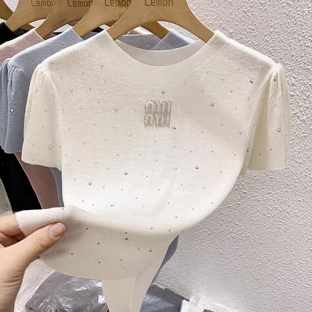 【tops】4色半袖ニットTシャツF7867