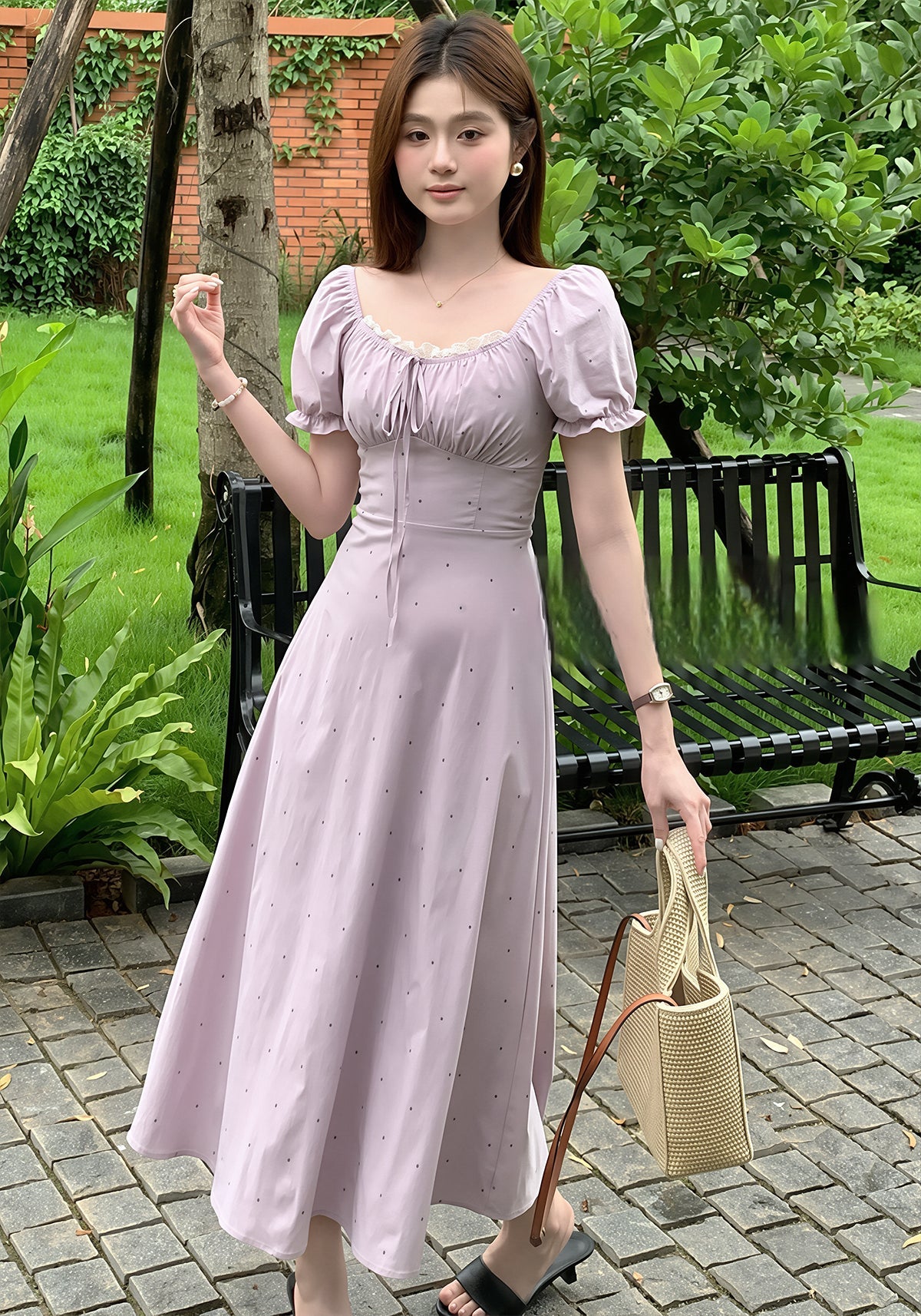 【dress】ドット柄レースドッキングロングワンピース Q8754