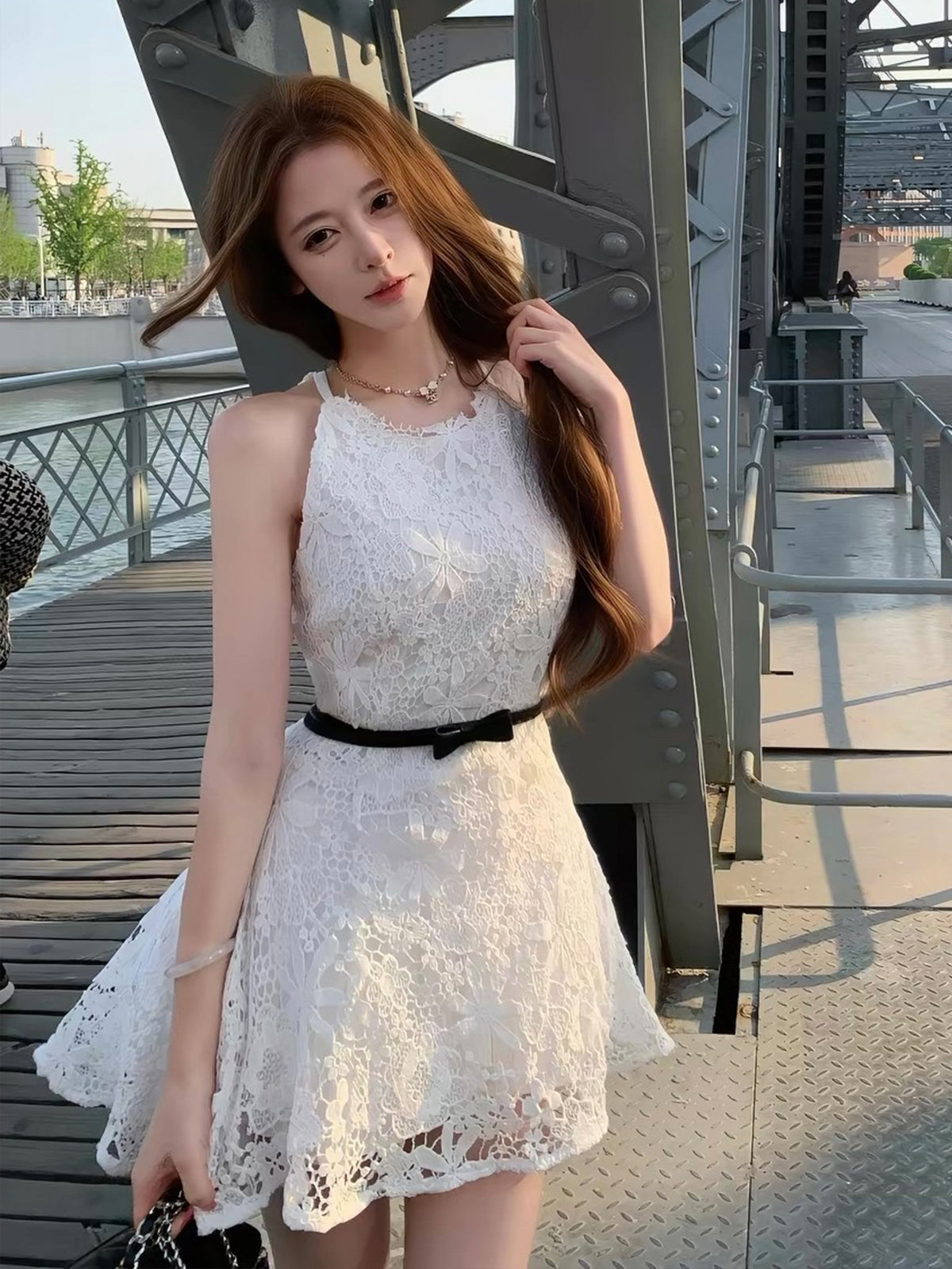 【dress】リボンベルトレースワンピース Q8755