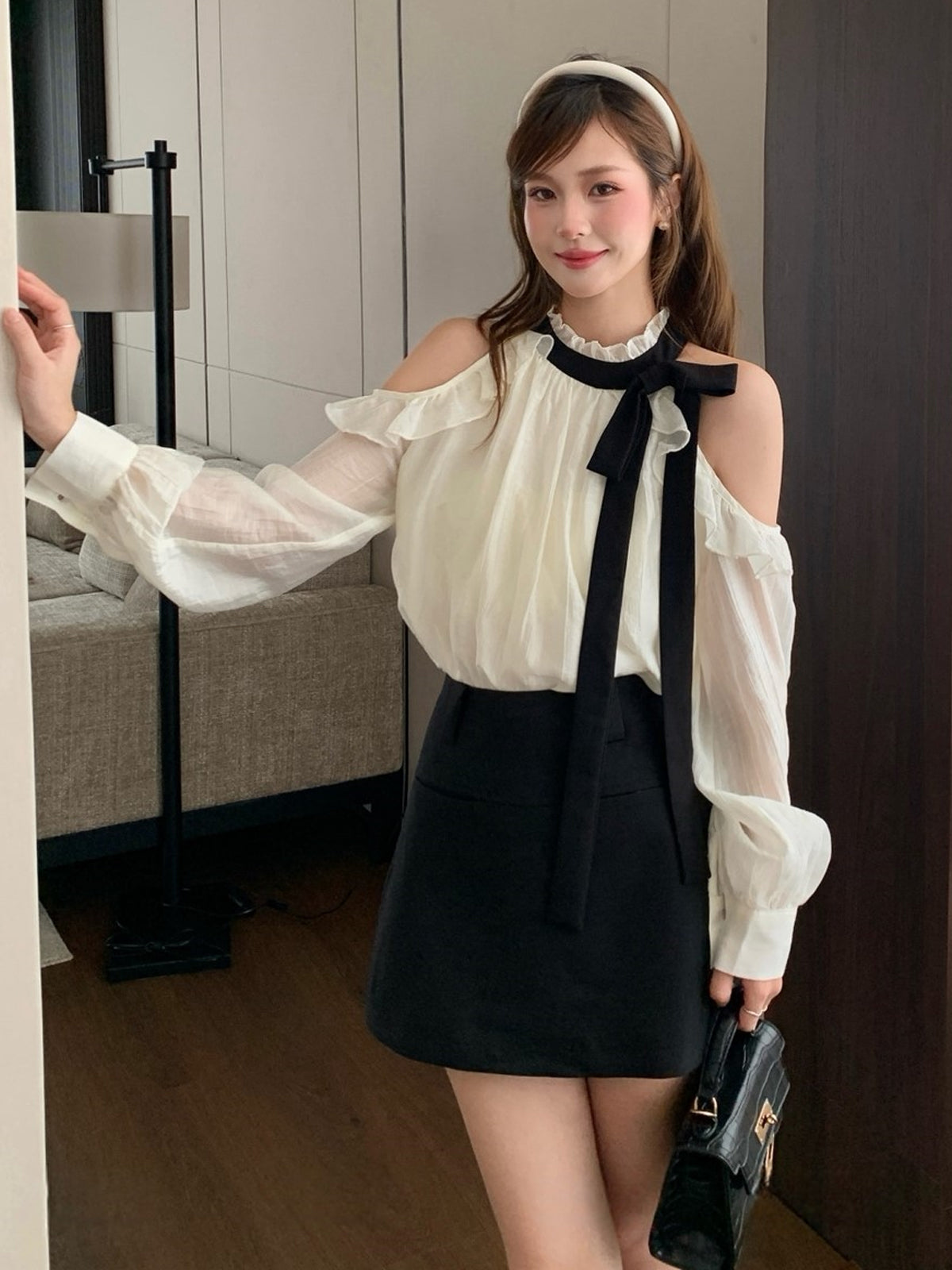 【tops】リボン付きオフショルダートップス Q8939