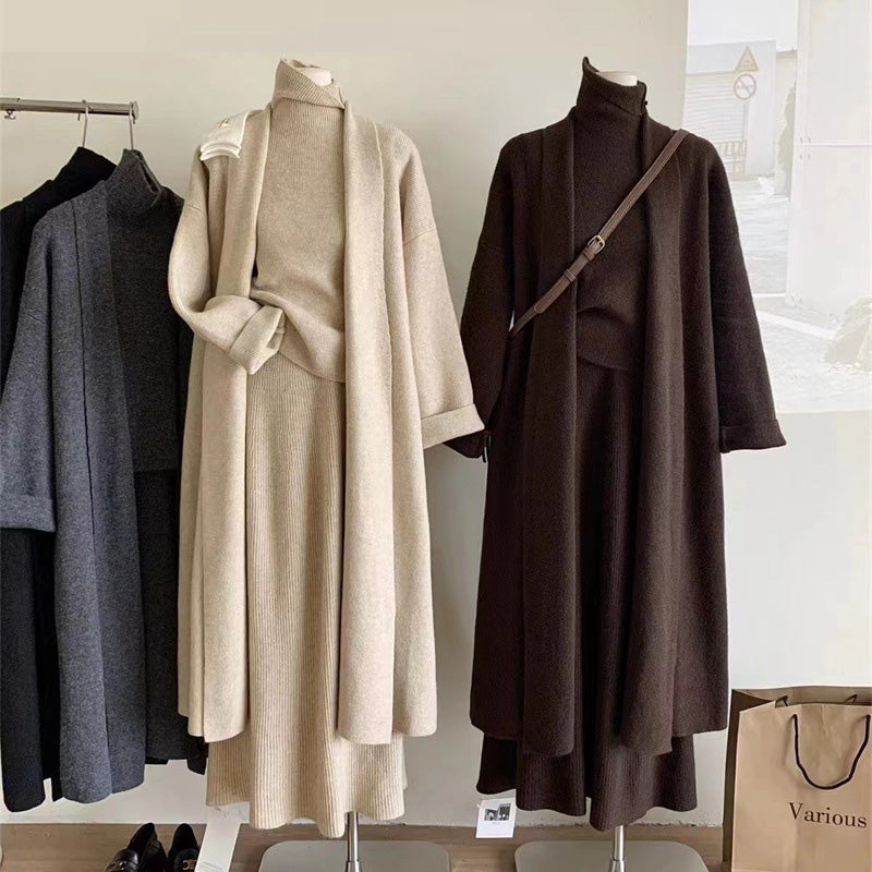 【set】ロング丈長袖カーディガン＋タンクトップ+スカートニット3点セットF8364