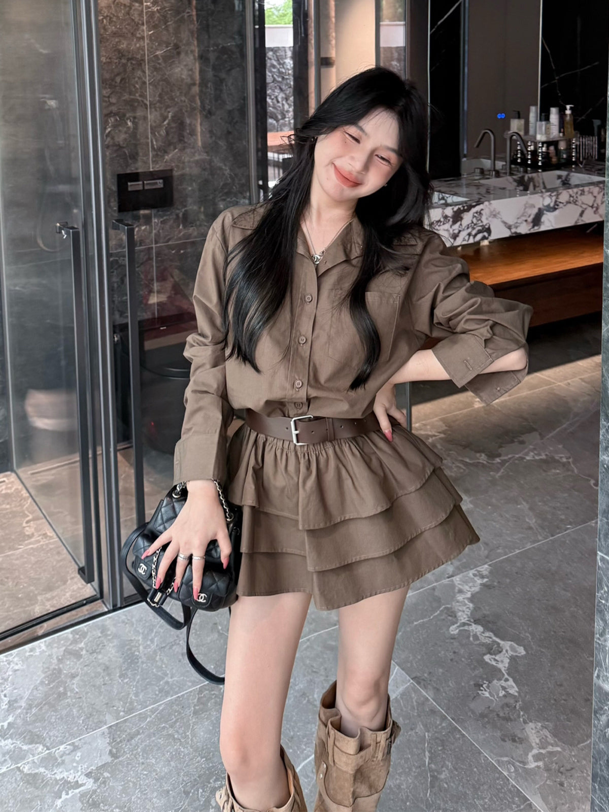 【dress】ベルト付きティアードシャツワンピース Q9045
