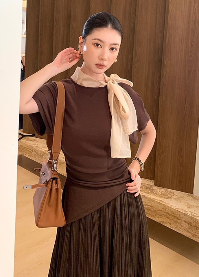 【tops】スカーフネック半袖ニットトップス Q8943