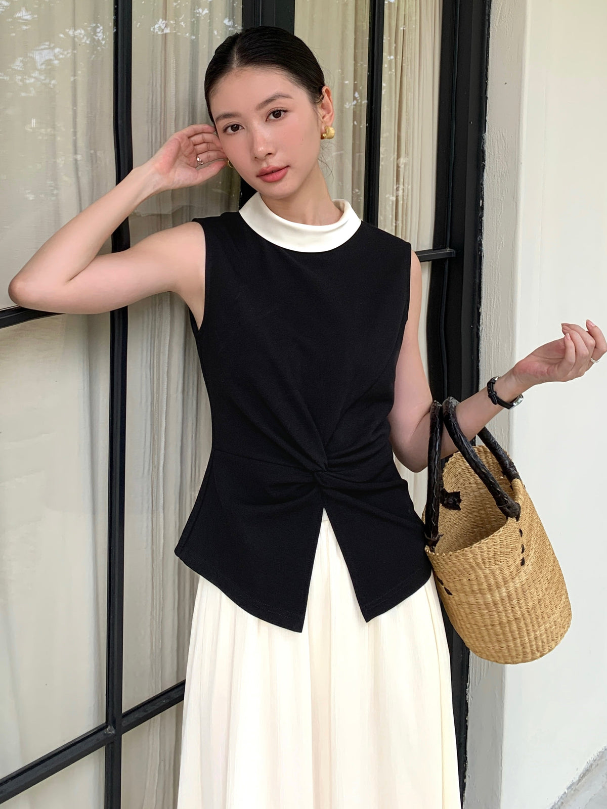 【tops】ノースリーブ配色トップス Q8748