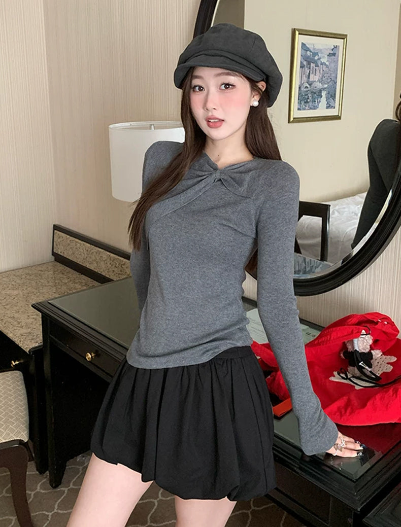 【tops】リボンネックニットトップス Q9077