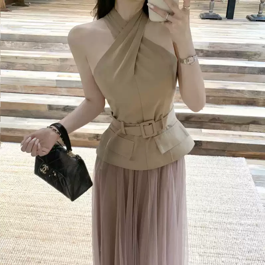 【set】クロスネックトップス×チュールスカートセット Q8456