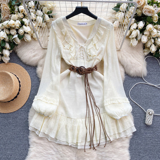 【dress】2色長袖フリルデータワンピースF7965