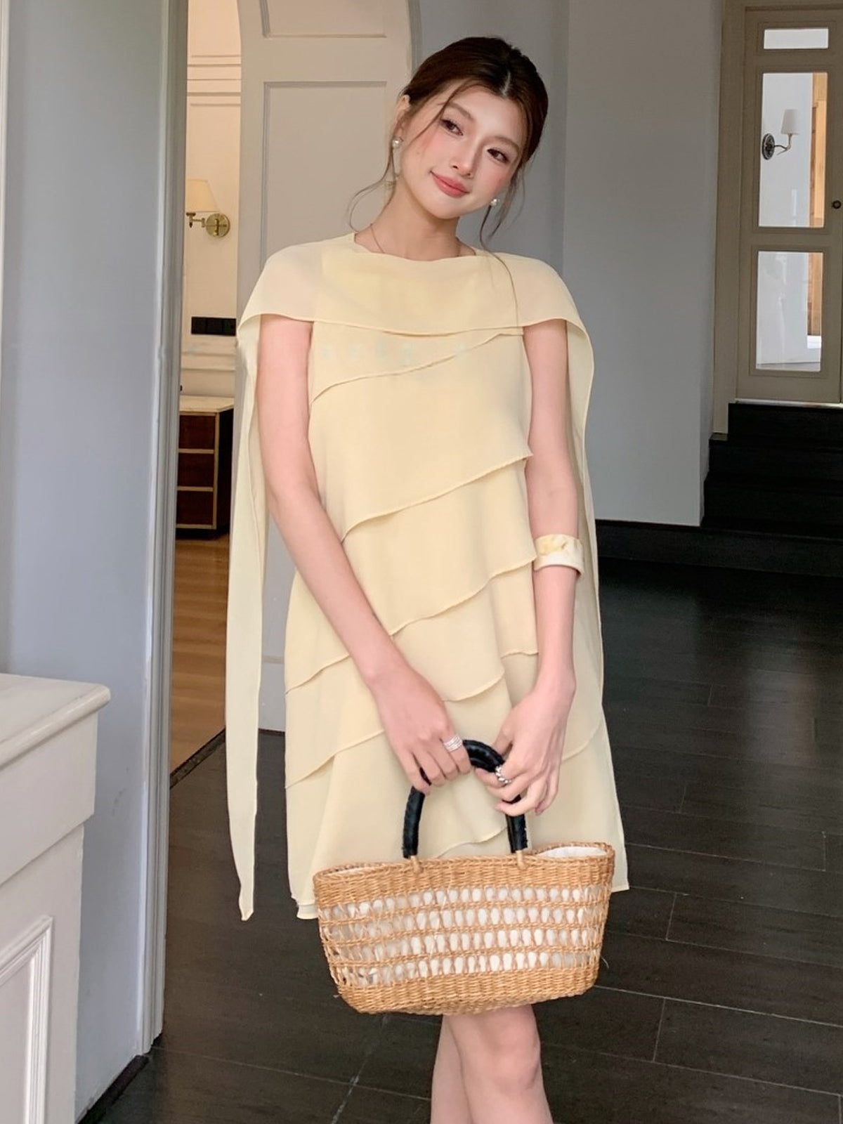 【dress】 スカーフネックシフォンティアードワンピース Q8882