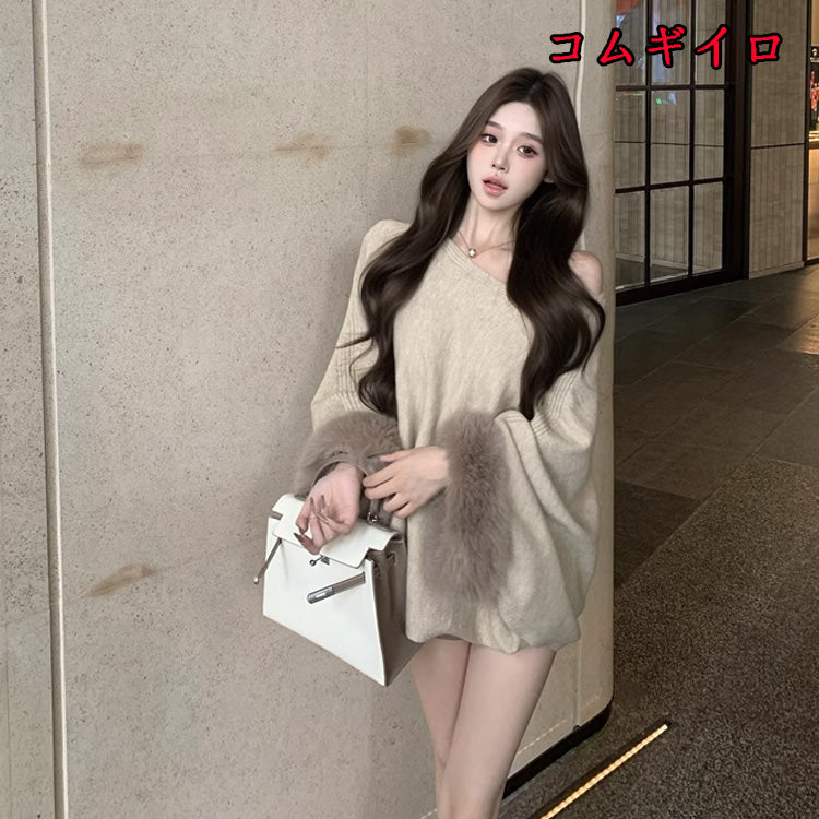 【tops】ファー長袖ニットセーターF8421