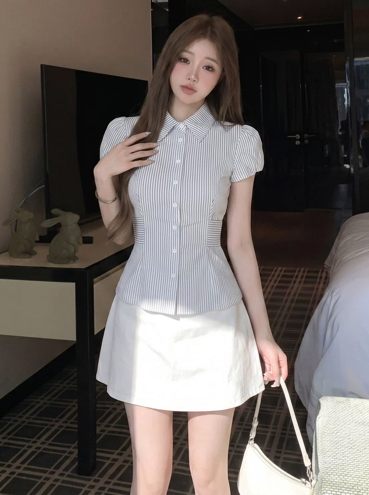 【tops】ストライプ柄半袖シャツ Q8747