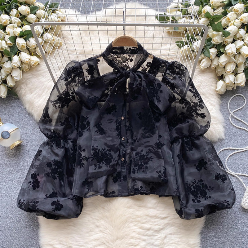 【tops】タイカラー長袖レースブラウスF8031