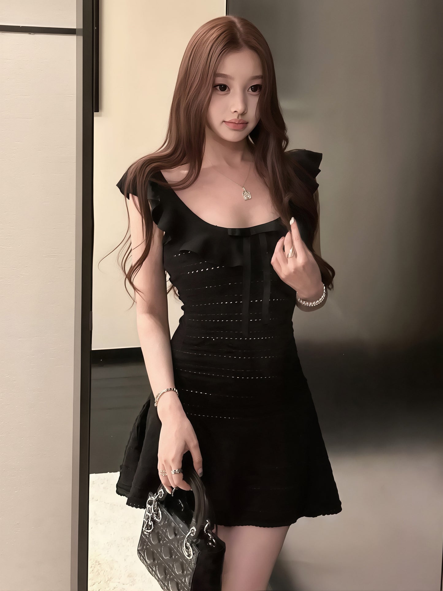 【dress】フリルネック透かしキャミワンピース Q8830