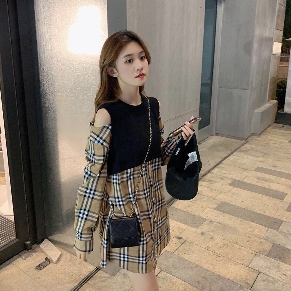 【dress】肩開き切り替えチェック柄ワンピースF8137