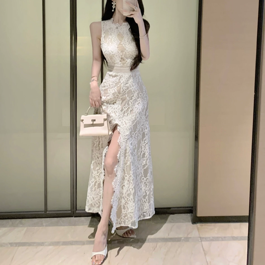 【dress】バックオープンスリットレースワンピース　M32516