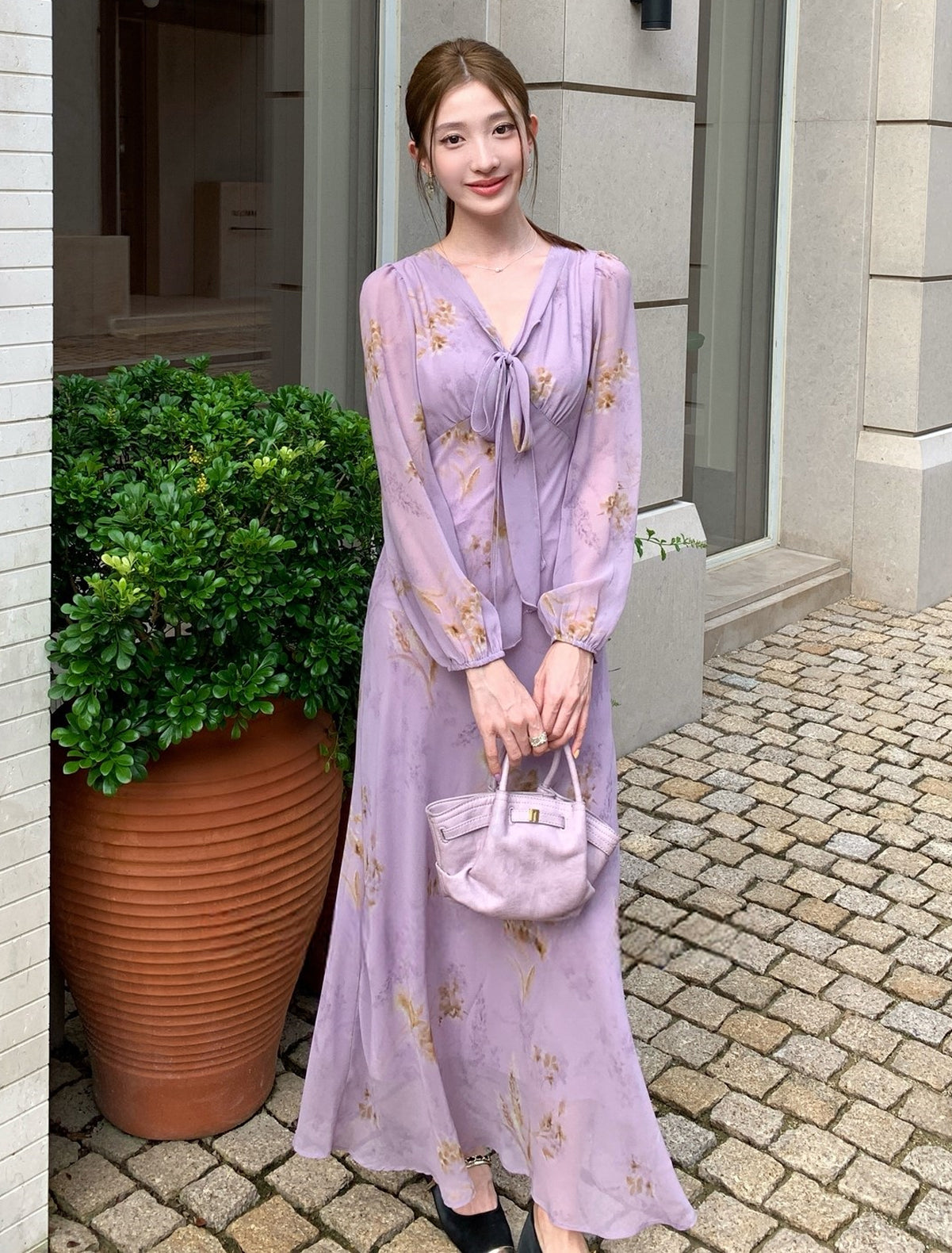 【dress】ボウタイフラワー柄ロングワンピース Q8919
