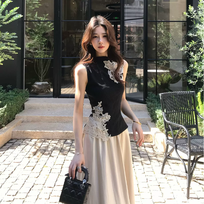 【set】ノースリーブレース刺繍トップス×ロングスカートセット Q8453