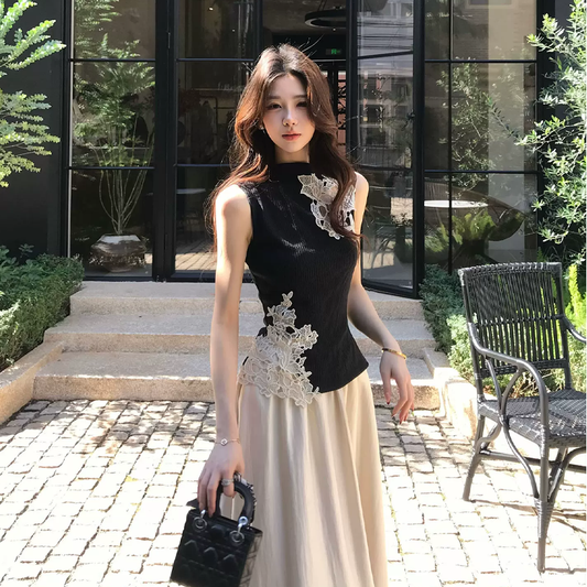 【set】ノースリーブレース刺繍トップス×ロングスカートセット Q8453