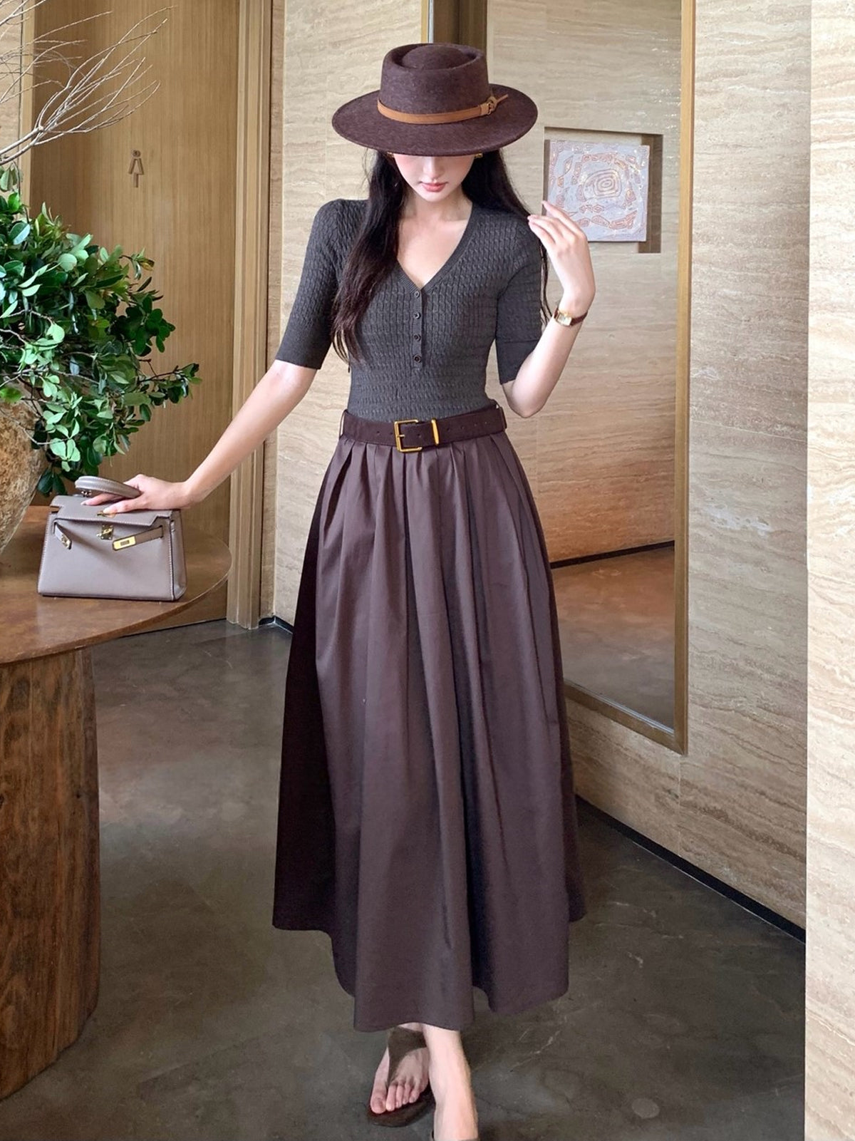 【dress】半袖ニットドッキングロングワンピース Q8920