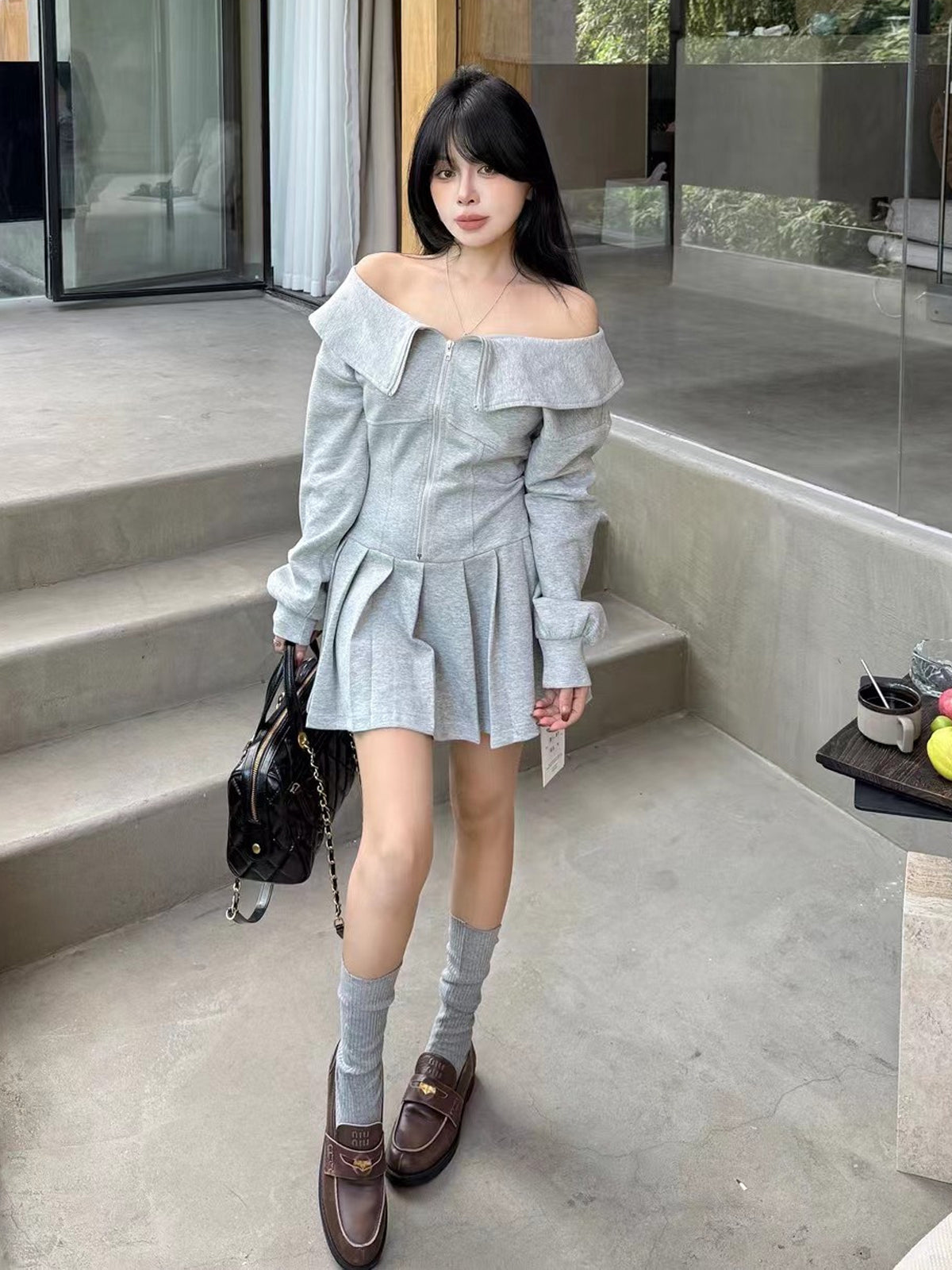 【dress】オフショルダーパーカーワンピース Q9030