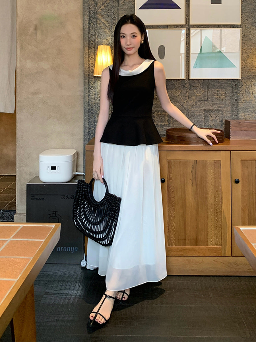 【dress】ノースリーブ配色ロングワンピース Q8749