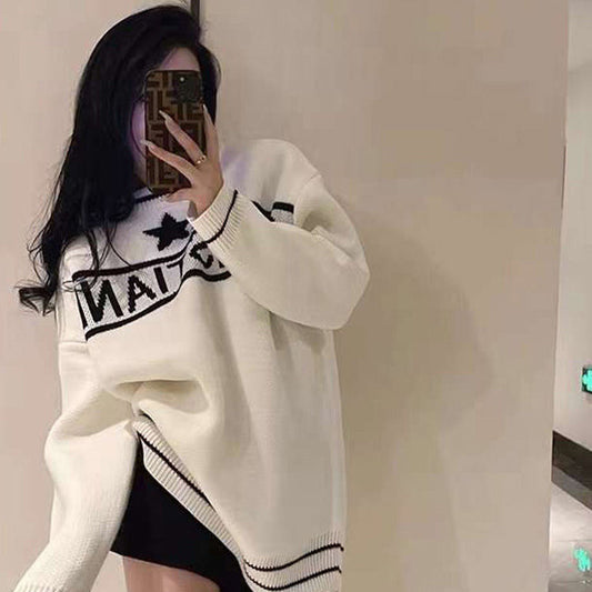 【tops】英字柄長袖ニットセーターF8241