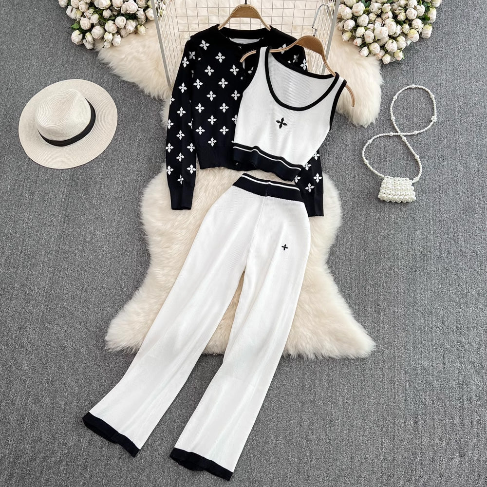 【set】長袖カーディガン＋タンクトップ+ガウチョパンツニット3点セットF7986