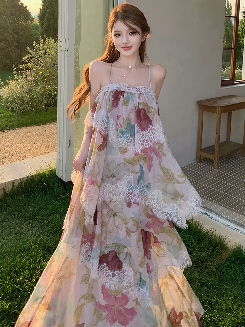 【dress】フラワー柄レースドッキングティアードキャミワンピース Q8628