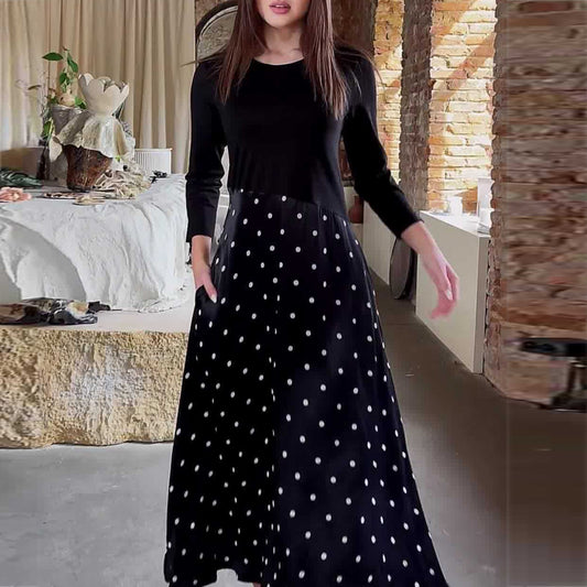 【dress】ラウンドネックドット柄切り替えワンピースF8120