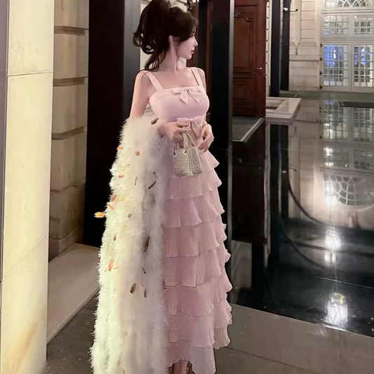 【dress】リボン付きティアードキャミワンピース Q7679