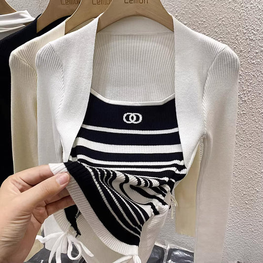 【tops】3色長袖偽二つ切り替えニットセーターF7984