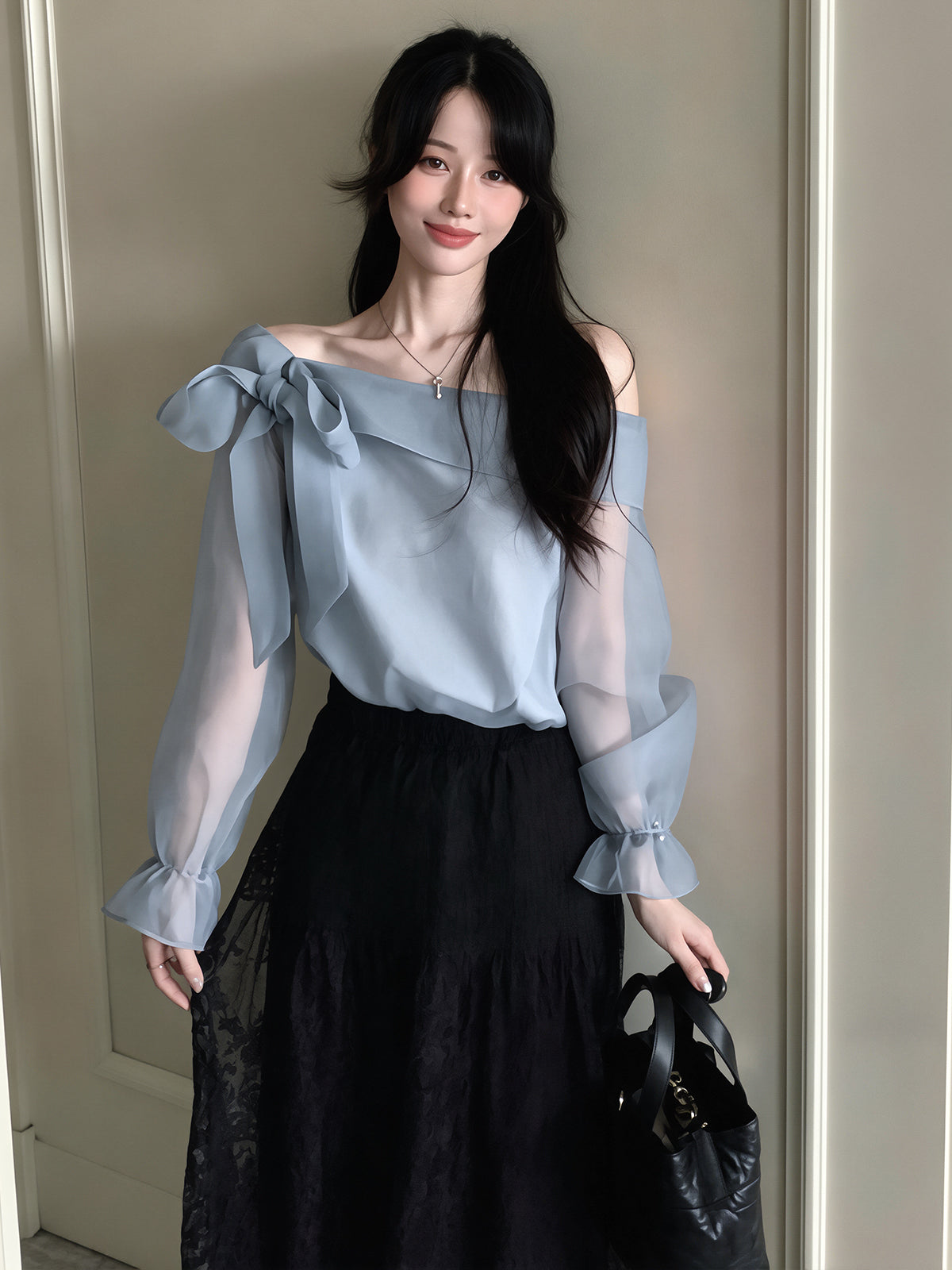 【tops】リボン付きオフショルダートップス Q8706
