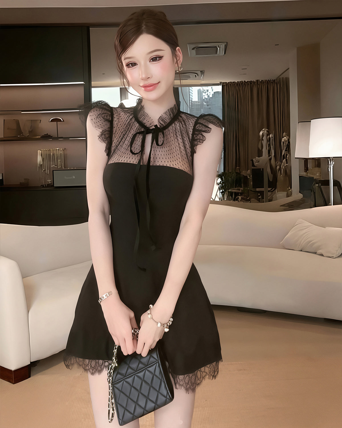 【dress】レースドッキングミニワンピース Q8709