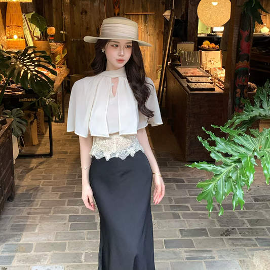 【set】レースドッキングシフォンケープトップス×ロングスカートセット Q8487