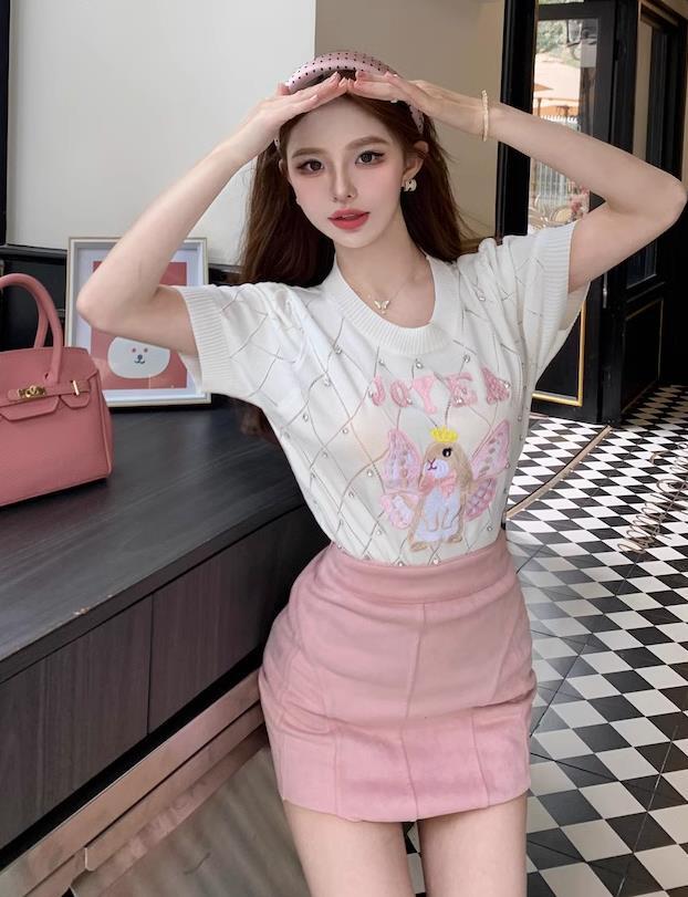 【tops】長袖ラインストーンニットＴシャツF7068